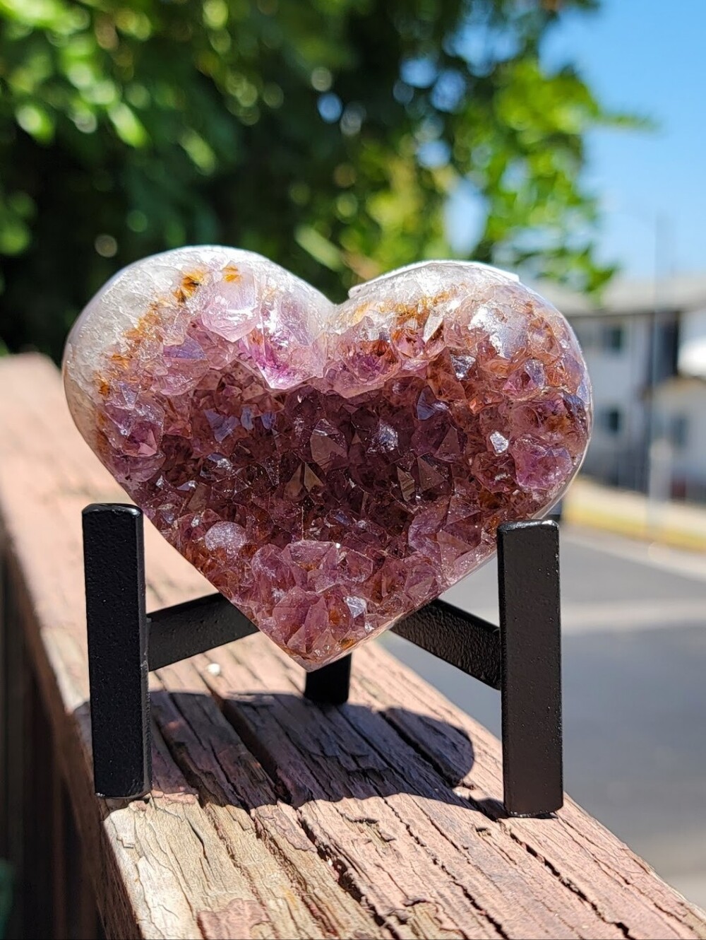 NEW 3" x 3" x 1.7" AMETHYST HEART WITH CACOXENITE & GOETHITE